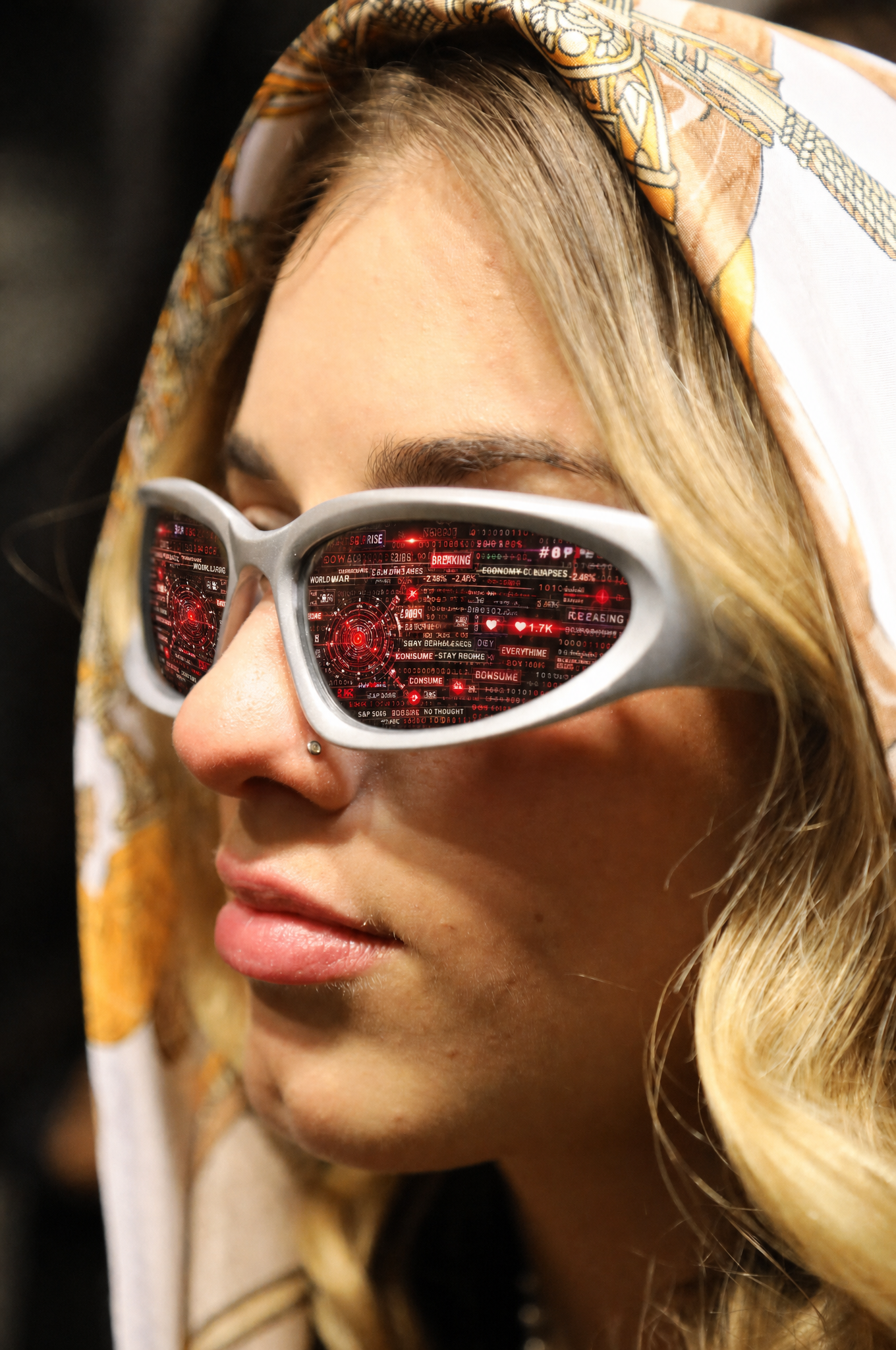 Brainwash — augmented version. The same photograph, with the sunglass reflections repainted by GPT-Image-2 as a chaotic stream of news tickers, hashtags and social-media notifications.